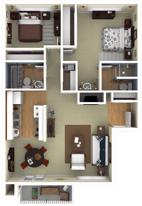 Floor plan for 2 beds, 2 baths, 980 sqft